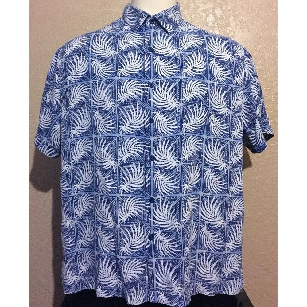 Nat Nast Men's Size XL Silk Blend Blue White Leaf Print Hawaiian Shirt